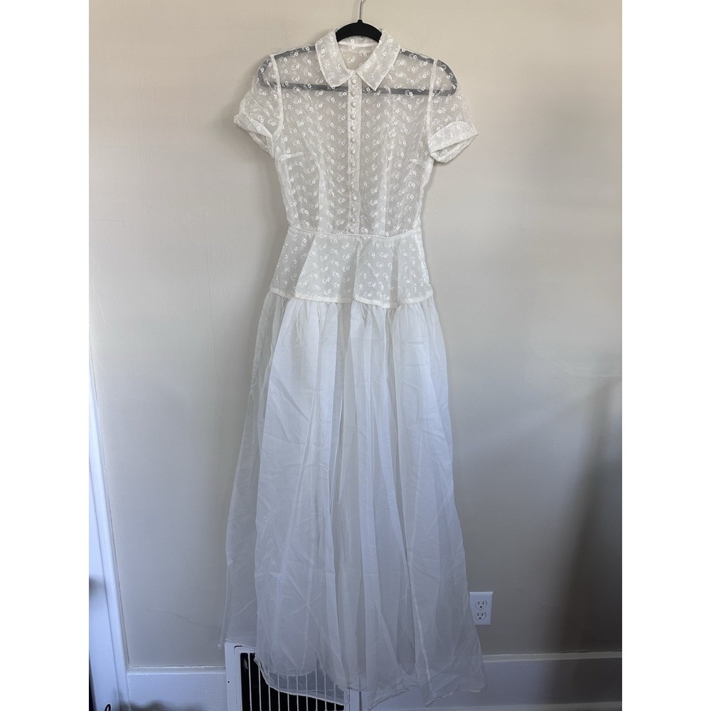 VTG 1940s Handmade Sheer Wedding Dress Embroidered Roses Collared Puff Sleeve SM